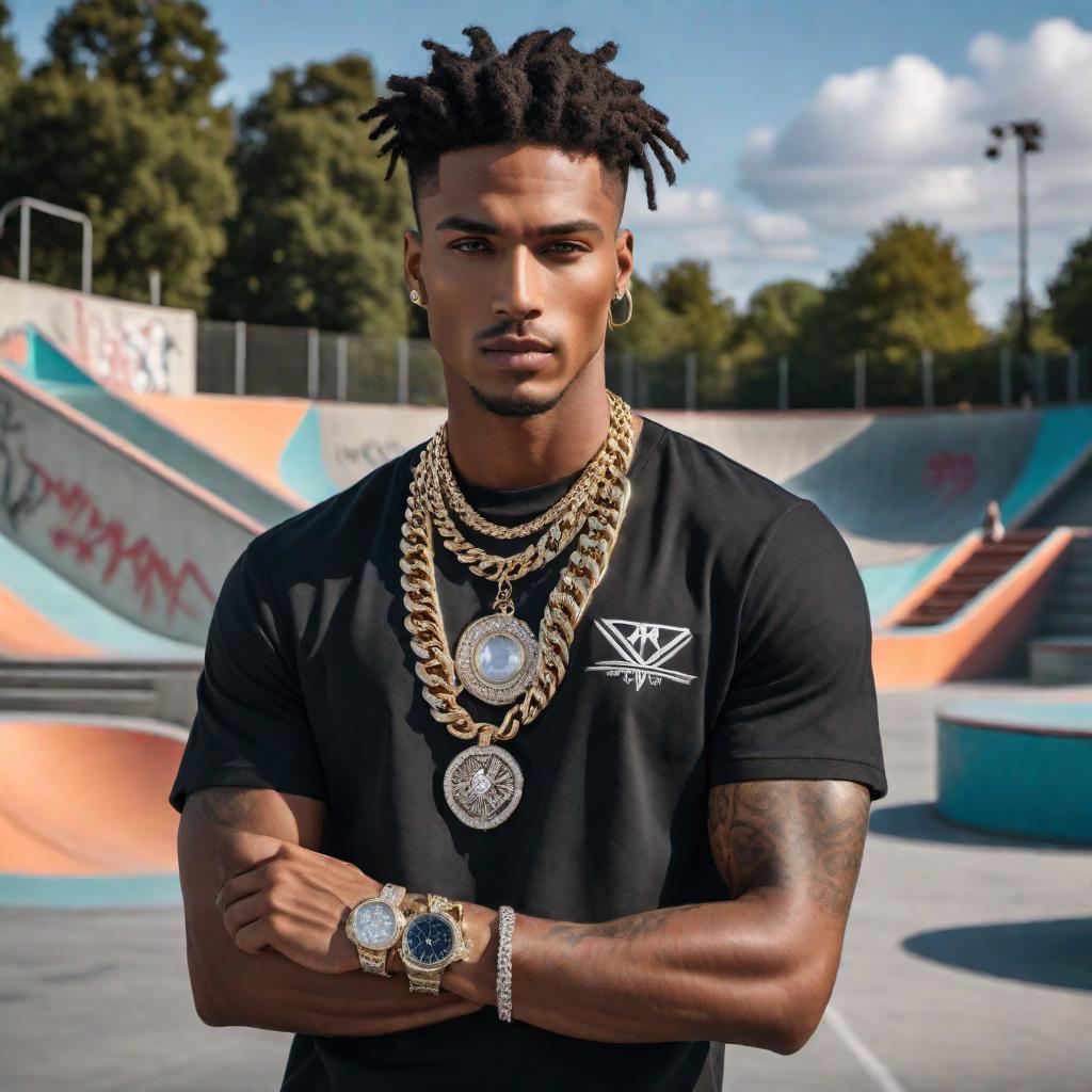  A male model at a skatepark wearing high-end diamond jewelry. The model is stylishly dressed in trendy streetwear fashion, with chains, rings, and a diamond-encrusted watch clearly visible. The skatepark has ramps, graffiti, and a chill urban vibe. hyperrealistic, full body, detailed clothing, highly detailed, cinematic lighting, stunningly beautiful, intricate, sharp focus, f/1. 8, 85mm, (centered image composition), (professionally color graded), ((bright soft diffused light)), volumetric fog, trending on instagram, trending on tumblr, HDR 4K, 8K