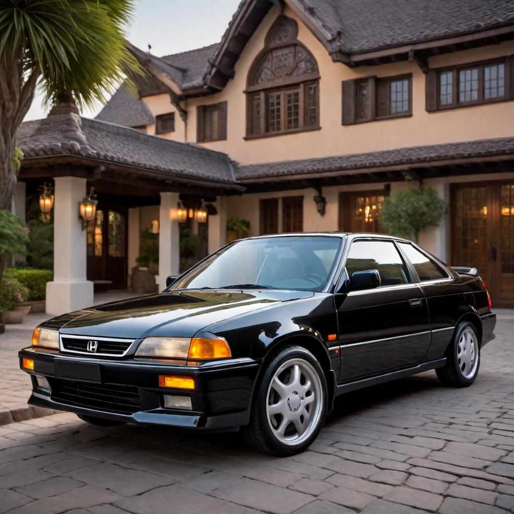  1992 Honda Accord Coupe in black color, parked on a road. The car should emphasize its sporty design elements, including its sleek front grille, distinctive alloy wheels, and classic early 90s coupe body lines. The background should be simple to keep the focus on the car. hyperrealistic, full body, detailed clothing, highly detailed, cinematic lighting, stunningly beautiful, intricate, sharp focus, f/1. 8, 85mm, (centered image composition), (professionally color graded), ((bright soft diffused light)), volumetric fog, trending on instagram, trending on tumblr, HDR 4K, 8K