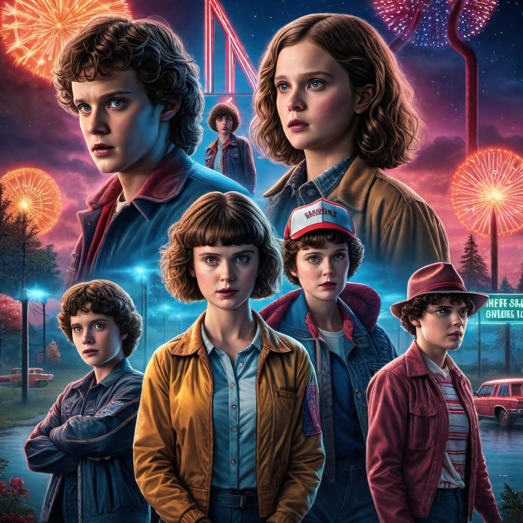  A single drawing that combines elements from all four seasons of Stranger Things. The image should feature iconic moments and characters from each season, blending them into one cohesive scene. Include Eleven using her powers, the Demogorgon, the Mind Flayer, the Byers' Christmas lights, the Starcourt Mall, and the Upside Down. Make the scene dynamic and atmospheric, reflecting the supernatural and adventurous tone of the show. hyperrealistic, full body, detailed clothing, highly detailed, cinematic lighting, stunningly beautiful, intricate, sharp focus, f/1. 8, 85mm, (centered image composition), (professionally color graded), ((bright soft diffused light)), volumetric fog, trending on instagram, trending on tumblr, HDR 4K, 8K