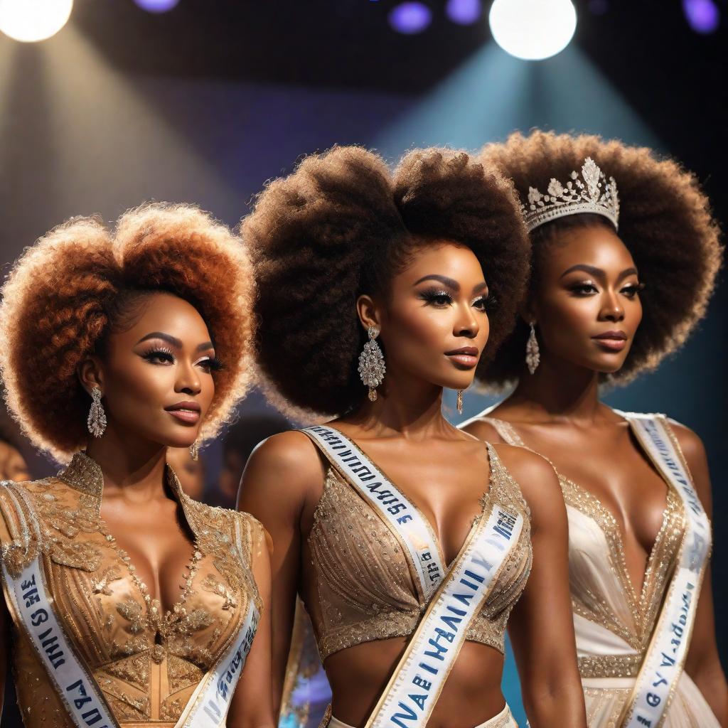  A colorful pageant scene focused on natural hair. Contestants on stage, showcasing their natural hairstyles with pride. Vibrant background, stage lighting, and audience in awe. Add banners displaying 'Celebrating Natural Hair'. Emphasize the beauty and diversity of natural hair. hyperrealistic, full body, detailed clothing, highly detailed, cinematic lighting, stunningly beautiful, intricate, sharp focus, f/1. 8, 85mm, (centered image composition), (professionally color graded), ((bright soft diffused light)), volumetric fog, trending on instagram, trending on tumblr, HDR 4K, 8K