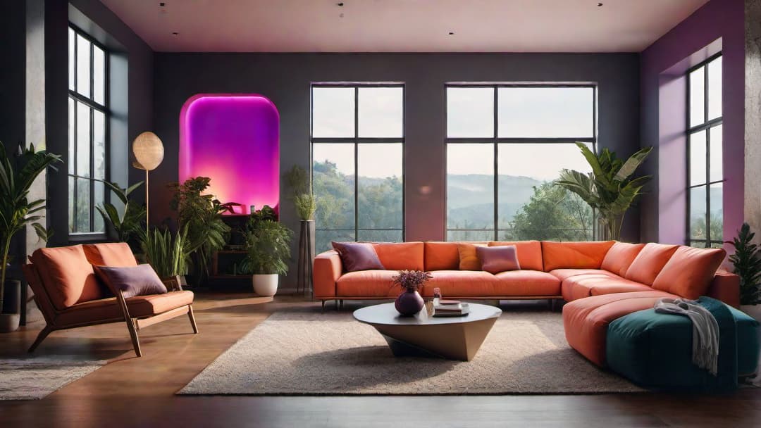  Create an image of a vibrant living room inspired by 80s retro home interior design. The room should feature bold colors, geometric patterns, and neon accents. Include an oversized sofa in a bright neon hue, abstract artwork on the walls, and a retro lava lamp. The overall atmosphere should be lively, energetic, and nostalgic of the 80s retro era. The image must be related to home interior design. hyperrealistic, full body, detailed clothing, highly detailed, cinematic lighting, stunningly beautiful, intricate, sharp focus, f/1. 8, 85mm, (centered image composition), (professionally color graded), ((bright soft diffused light)), volumetric fog, trending on instagram, trending on tumblr, HDR 4K, 8K