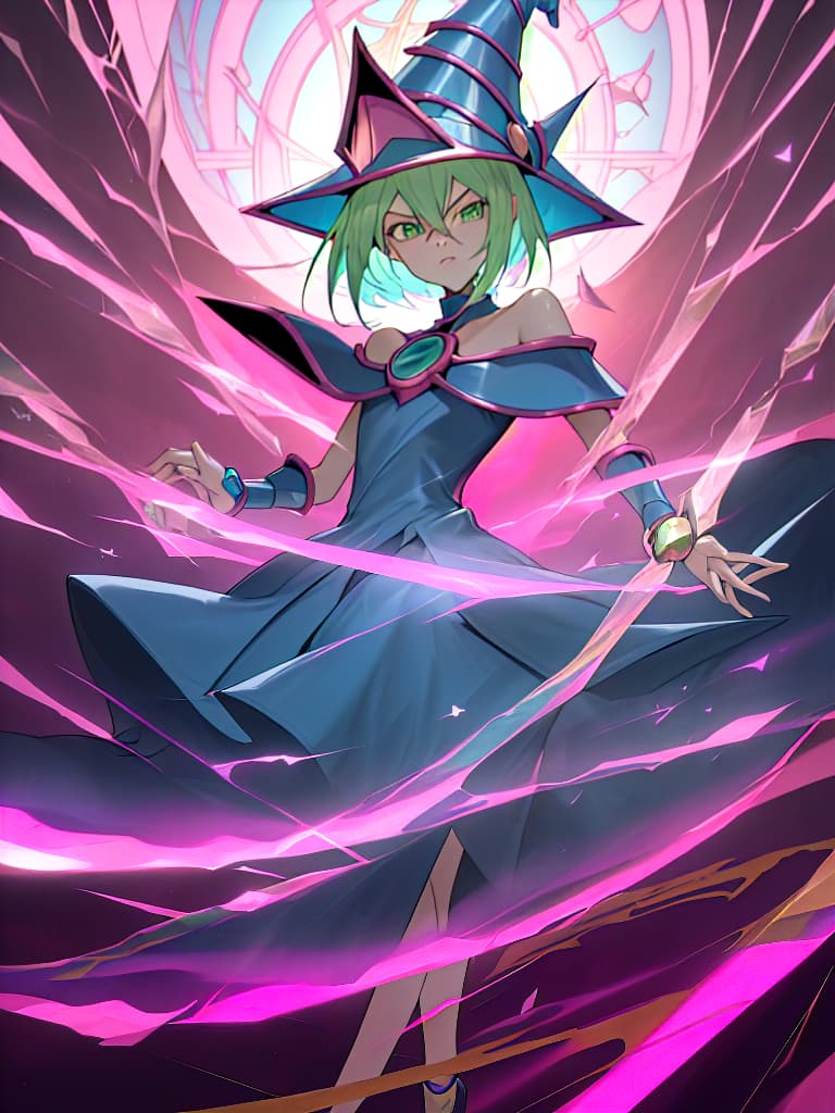  (in yu gi oh! duel monsters dark magician style),(absurdres,highres,superlative),((texture)),((contrast)),(top quality,masterpiece),(sence of depth,clear,brightness:1.5),(official art,simple background,magic circle,madeon) BREAK solo,,kawaii,( hair),cute lips,parted lips,green eyes,(duel monster,dark magician costume),blue dress,age,witch hat,blue hat,pink ,show , bare shoulders,((concentration)),, masterpiece, best quality,8k,ultra detailed,high resolution,an extremely delicate and beautiful,hyper detail