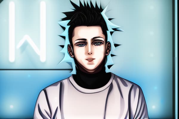 mdjrny-v4 style Anime style portrait of a young man with short, spiky black hair and blue eyes. He is wearing a black jacket over a white shirt, paired with dark jeans and combat boots. The background features an urban cityscape at dusk, illuminated by neon lights. Detailed and expressive, with a confident and determined look.