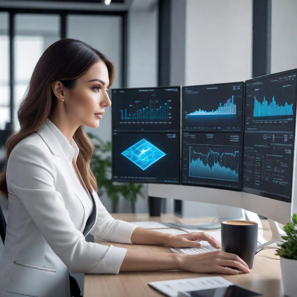  A high-resolution photo of a professional lady using a computer with AI-assisted tools displayed on the screen. She should be in a well-lit, modern office space with a minimalist design. The computer screen should showcase AI interfaces, perhaps with charts, graphs, and intelligent suggestions. Surrounding elements such as a coffee mug, notepad, and potted plant should be included to create an aesthetically pleasing and productive work environment. The lady should appear engaged and focused, with a pleasant and motivated expression. hyperrealistic, full body, detailed clothing, highly detailed, cinematic lighting, stunningly beautiful, intricate, sharp focus, f/1. 8, 85mm, (centered image composition), (professionally color graded), ((bright soft diffused light)), volumetric fog, trending on instagram, trending on tumblr, HDR 4K, 8K