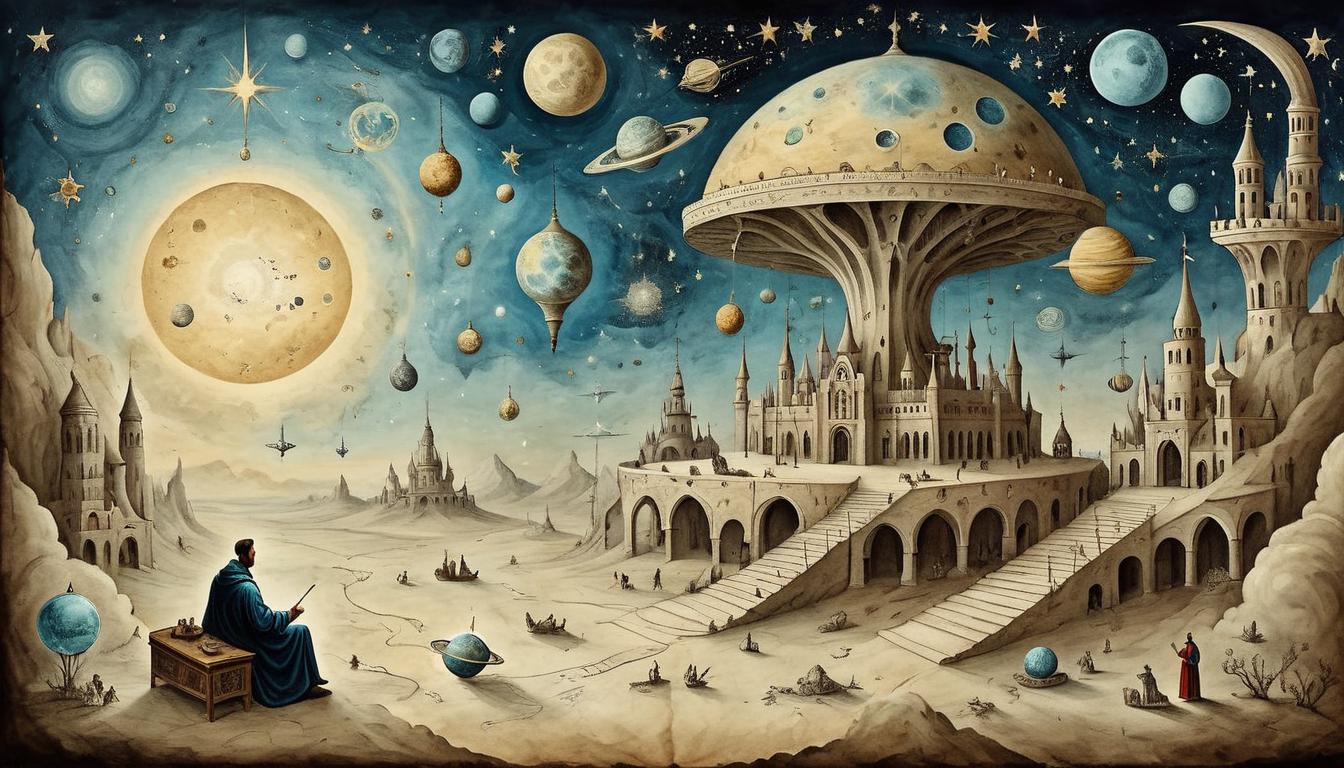  on parchment, surrealism+++, Daily life with a cosmic twist, complexity of thought, stardust of solutions, intricate, profound(mysterious, provocative, symbolic,muted color)+++