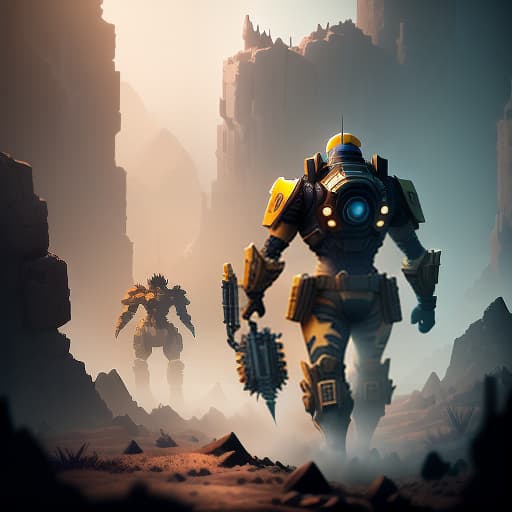  Several people in yellow costumes are gathering metal on a desolate place while a monster is chasing them., Indie game art, (Vector Art, Borderlands style, Arcane style, Cartoon style), Line art, Disctinct features, Hand drawn, Technical illustration, Graphic design, Vector graphics, High contrast, Precision artwork, Linear compositions, Scalable artwork, Digital art, cinematic sensual, Sharp focus, humorous illustration, big depth of field, Masterpiece, trending on artstation, Vivid colors, trending on ArtStation, trending on CGSociety, Intricate, Low Detail, dramatic hyperrealistic, full body, detailed clothing, highly detailed, cinematic lighting, stunningly beautiful, intricate, sharp focus, f/1. 8, 85mm, (centered image composition), (professionally color graded), ((bright soft diffused light)), volumetric fog, trending on instagram, trending on tumblr, HDR 4K, 8K