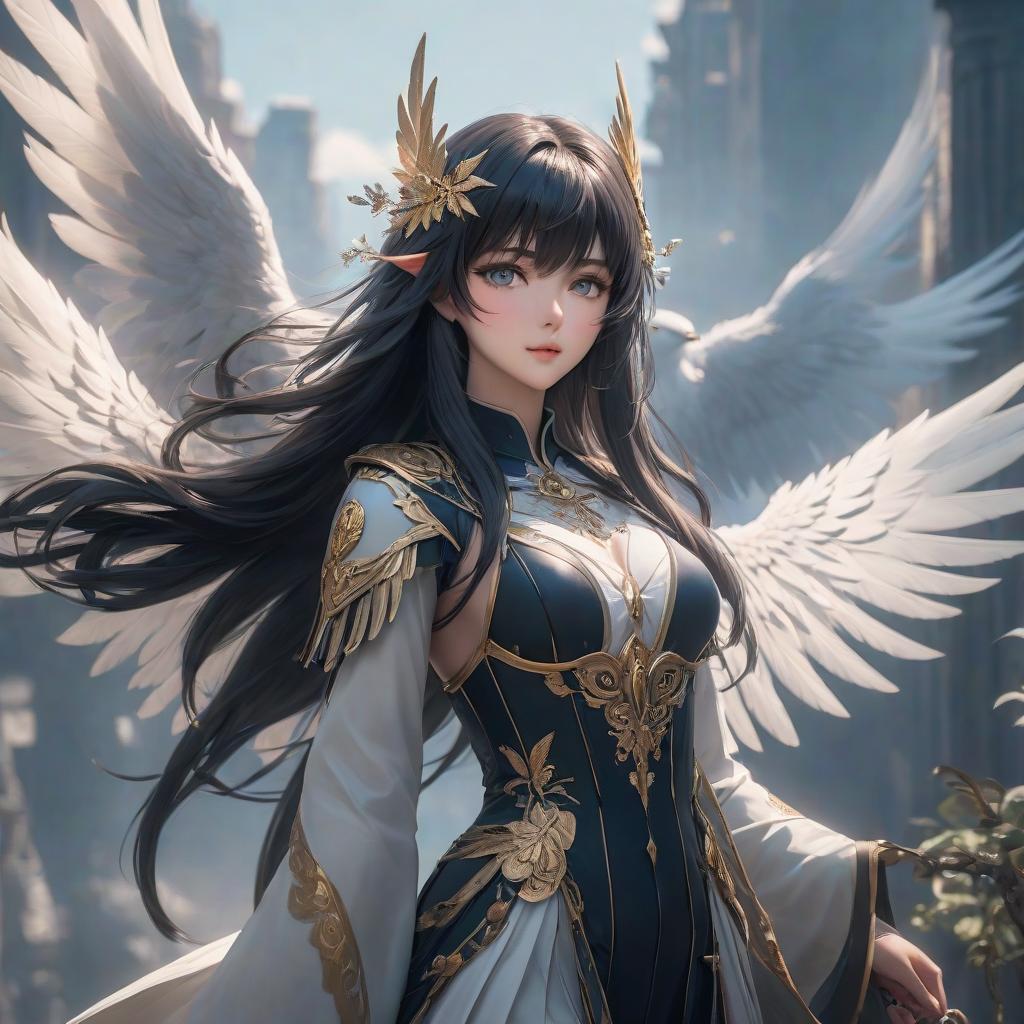  The goddess of wind and freedom. Dark long hair with bangs, white wings, gray eyes, slim body hyperrealistic, full body, detailed clothing, highly detailed, cinematic lighting, stunningly beautiful, intricate, sharp focus, f/1. 8, 85mm, (centered image composition), (professionally color graded), ((bright soft diffused light)), volumetric fog, trending on instagram, trending on tumblr, HDR 4K, 8K