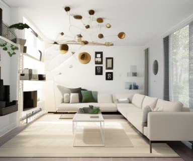  Living Room, Cozy, comfortable, family time, relaxation, entertainment, decor, furniture, lighting The room depicted in the image exhibits a minimalist and contemporary living room theme, emphasizing clean lines and neutral tones. Contemporary minimalist living room with a white sectional sofa, wooden accent chairs, geometric rug, and large leaf artwork. minimalist, contemporary, living room, white sectional sofa, wooden accent chairs, geometric rug, large leaf artwork earhty colors