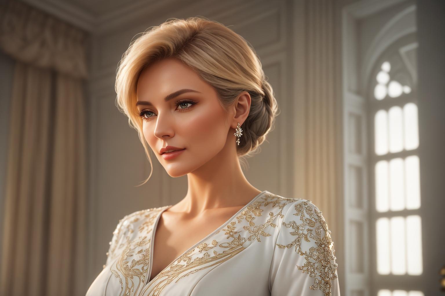  "Closeup of an elegant older woman wearing a stylish, high quality top. The top features a sophisticated design with intricate details, suitable for mature fashion. The background is a softly blurred, luxurious indoor setting with warm lighting, ensuring the focus remains on the top. The woman's expression is confident and content, highlighting the comfort and elegance of the clothing. The image is highly detailed and realistic, with a professional, high resolution finish. Style modifiers: elegant, sophisticated, luxurious. Quality modifiers: ultra realistic, high resolution, professional lighting. Mood: confident, content, refined."Ensure no face,leg,hand or eye defomities.Ensure all images are clear, detailed, contains no text and no defo hyperrealistic, full body, detailed clothing, highly detailed, cinematic lighting, stunningly beautiful, intricate, sharp focus, f/1. 8, 85mm, (centered image composition), (professionally color graded), ((bright soft diffused light)), volumetric fog, trending on instagram, trending on tumblr, HDR 4K, 8K