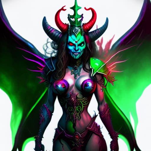  Purpe Green and blue demon queen with red eyes, horns and fairy wings in flames