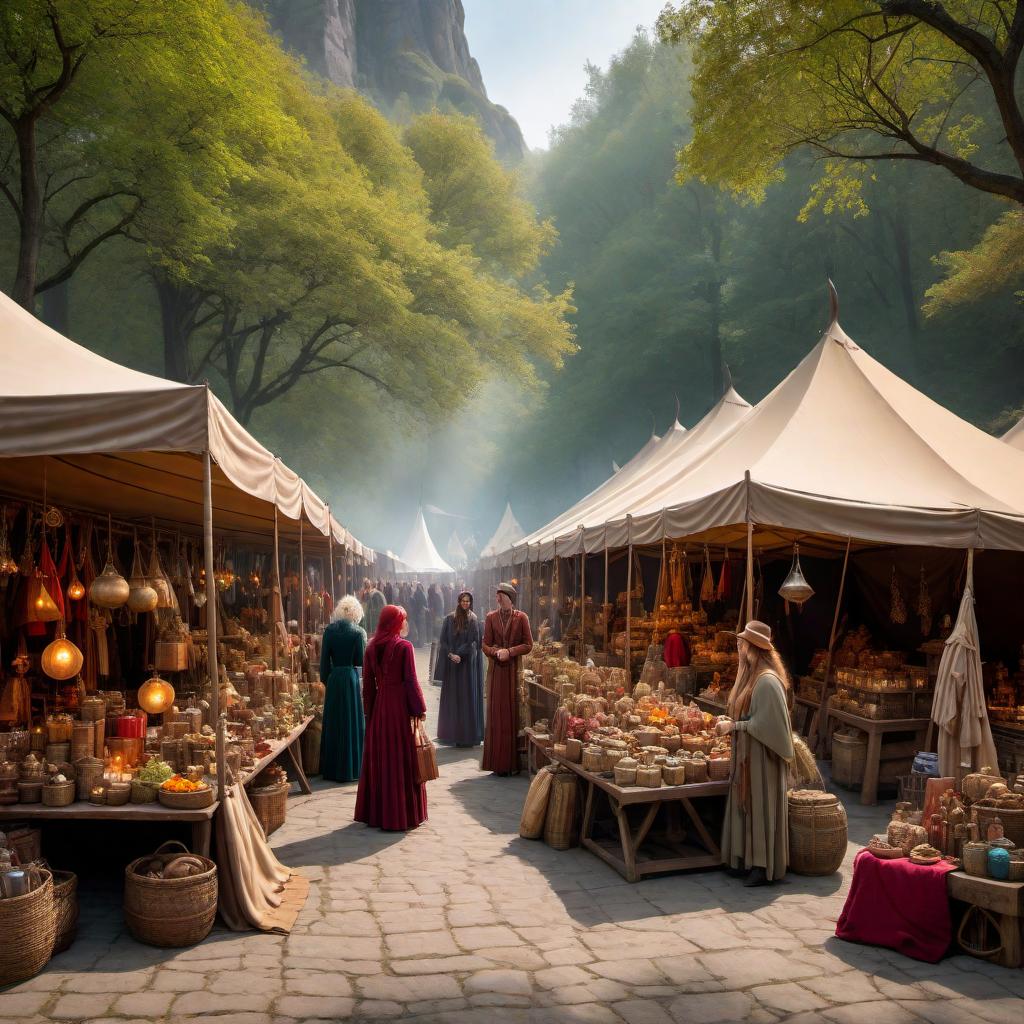  A mystical and enchanting scene depicting a Wiccan sales market with colorful tents, magical items on display, and people dressed in mystical attire browsing and making purchases. The setting is whimsical and filled with a sense of wonder and magic. hyperrealistic, full body, detailed clothing, highly detailed, cinematic lighting, stunningly beautiful, intricate, sharp focus, f/1. 8, 85mm, (centered image composition), (professionally color graded), ((bright soft diffused light)), volumetric fog, trending on instagram, trending on tumblr, HDR 4K, 8K