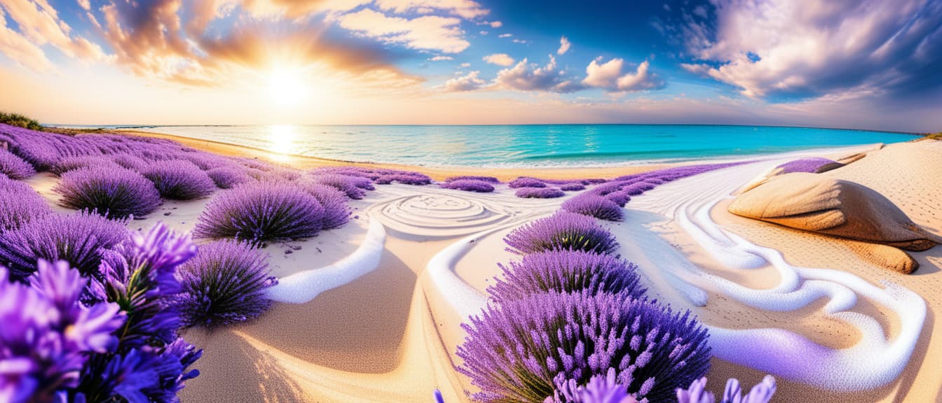  best quality, HD, Beach summer panoramic background with Lavender flower on the cristal sand and glory water