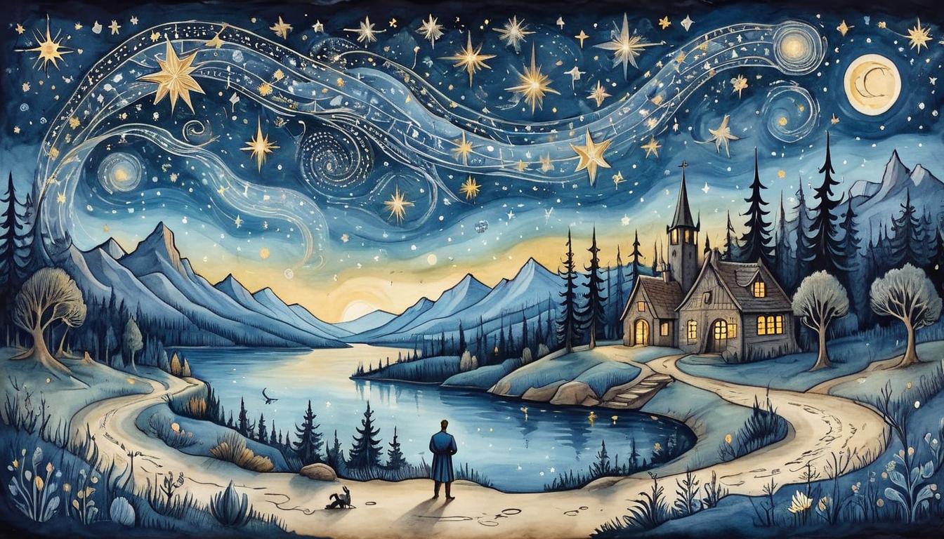  on parchment, surrealism+++, Starry night with constellations forming mythical creatures, shooting stars illuminating the sky, magical, serene(mysterious, provocative, symbolic,muted color)+++