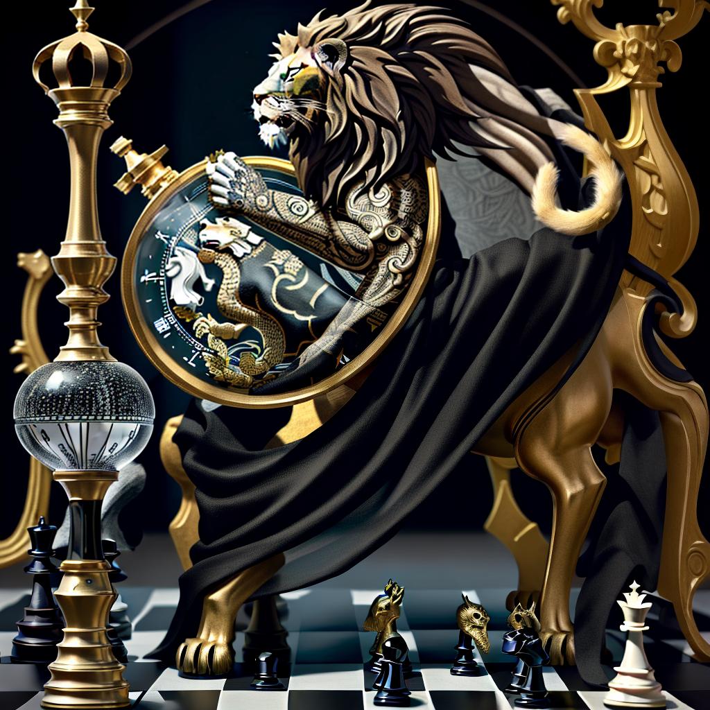  masterpiece, best quality, Lion roaring with black chess pieces falling onto a chessboard with white chess pieces and and hour glass, full sleeve tattoo, very detailed and intricate