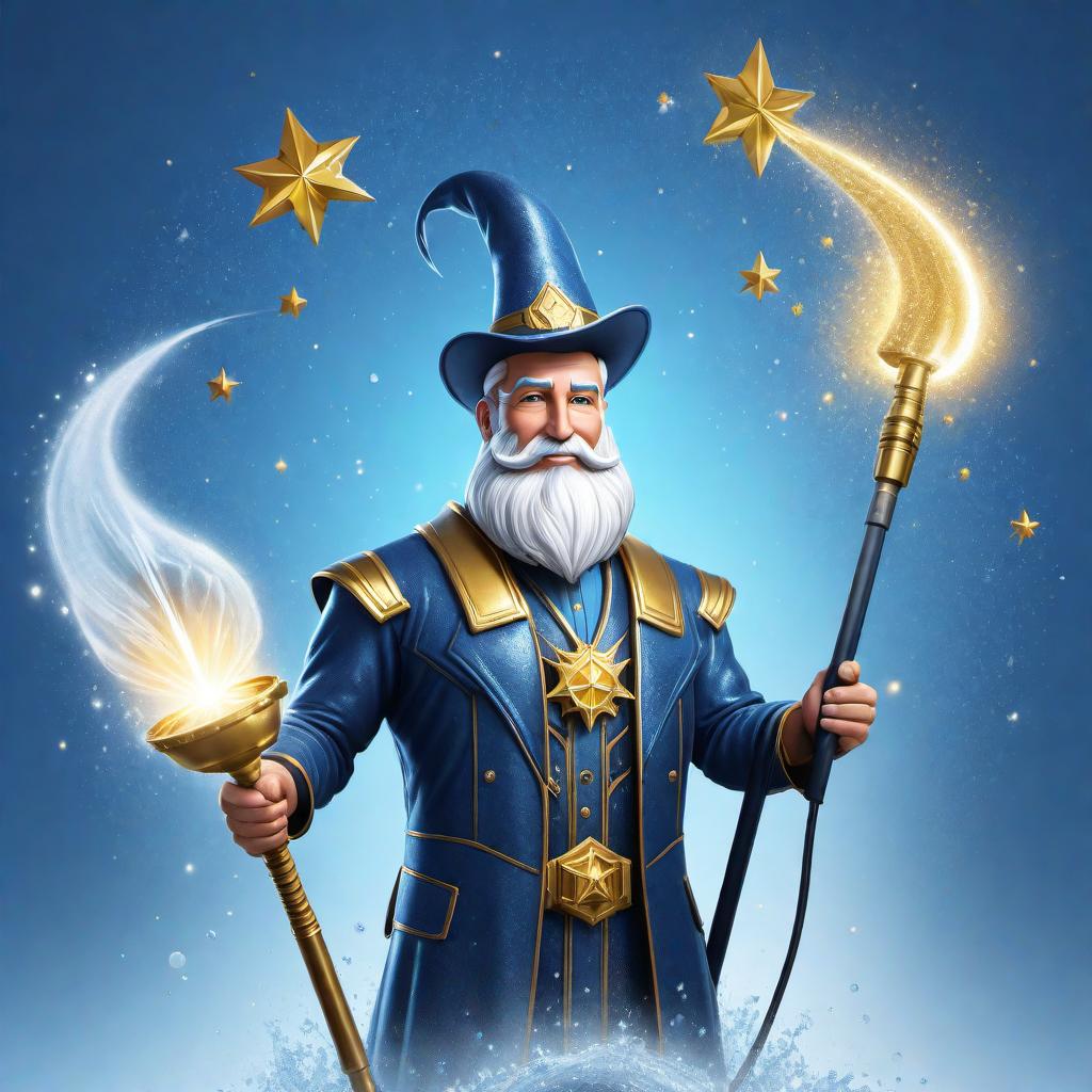  A professional logo for a pressure washing business named 'Wizard Washing Pro’s'. The logo should feature a wizard holding a pressure washer, with water spray forming a sparkling, clean surface. The wizard should look friendly, reliable, and capable, with a modern and clean design aesthetic. The text 'Wizard Washing Pro’s' should be included, with a combination of magical elements like stars or sparkles integrated into the design. The color scheme should be clean and professional, using blues and whites as primary colors to represent water and cleanliness, with some magical golden accents. hyperrealistic, full body, detailed clothing, highly detailed, cinematic lighting, stunningly beautiful, intricate, sharp focus, f/1. 8, 85mm, (centered image composition), (professionally color graded), ((bright soft diffused light)), volumetric fog, trending on instagram, trending on tumblr, HDR 4K, 8K