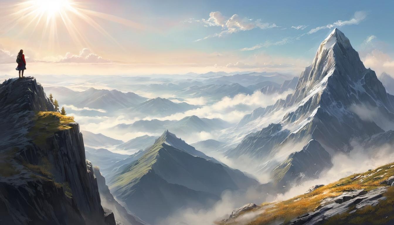  digital illustration, 1woman, standing alone on a peak, rugged mountain landscape below, looks out into the vast horizon, soft sunlight piercing through mist, clothes flowing, symbol of focus, clarity, awe, determination, looking at viewer, dynamic pose, (intricate details, masterpiece, best quality)