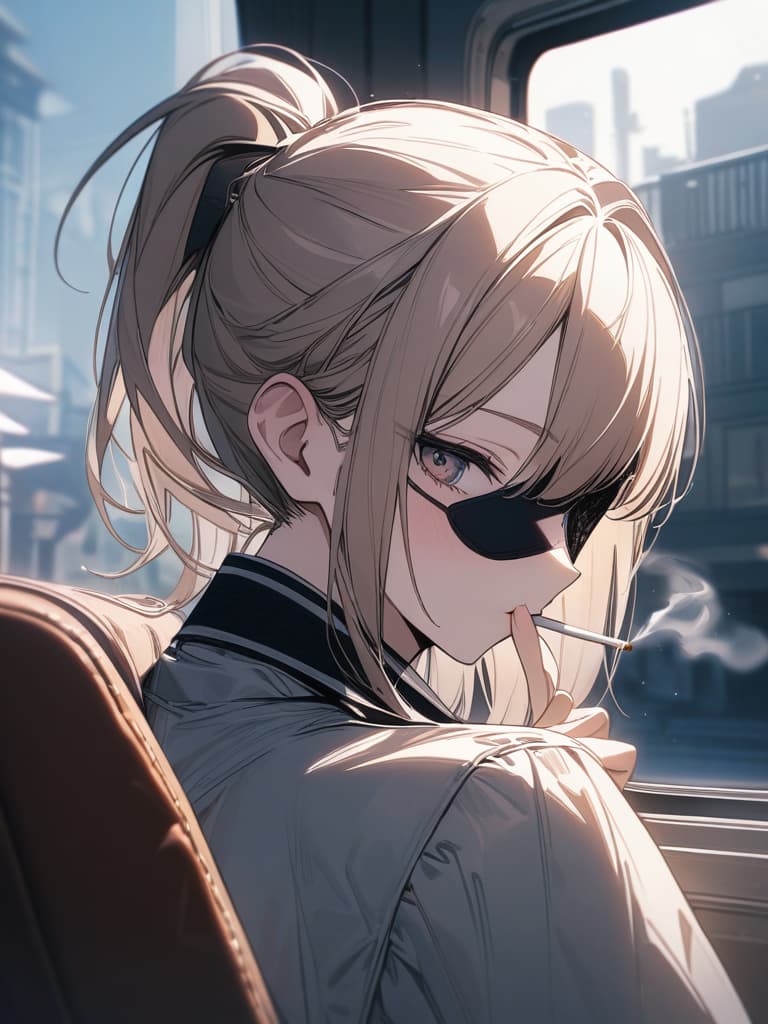  Blond, loose ponytail, black eyepatch, smoking cigarettes, cool, women, masterpiece, best quality,8k,ultra detailed,high resolution,an extremely delicate and beautiful,hyper detail