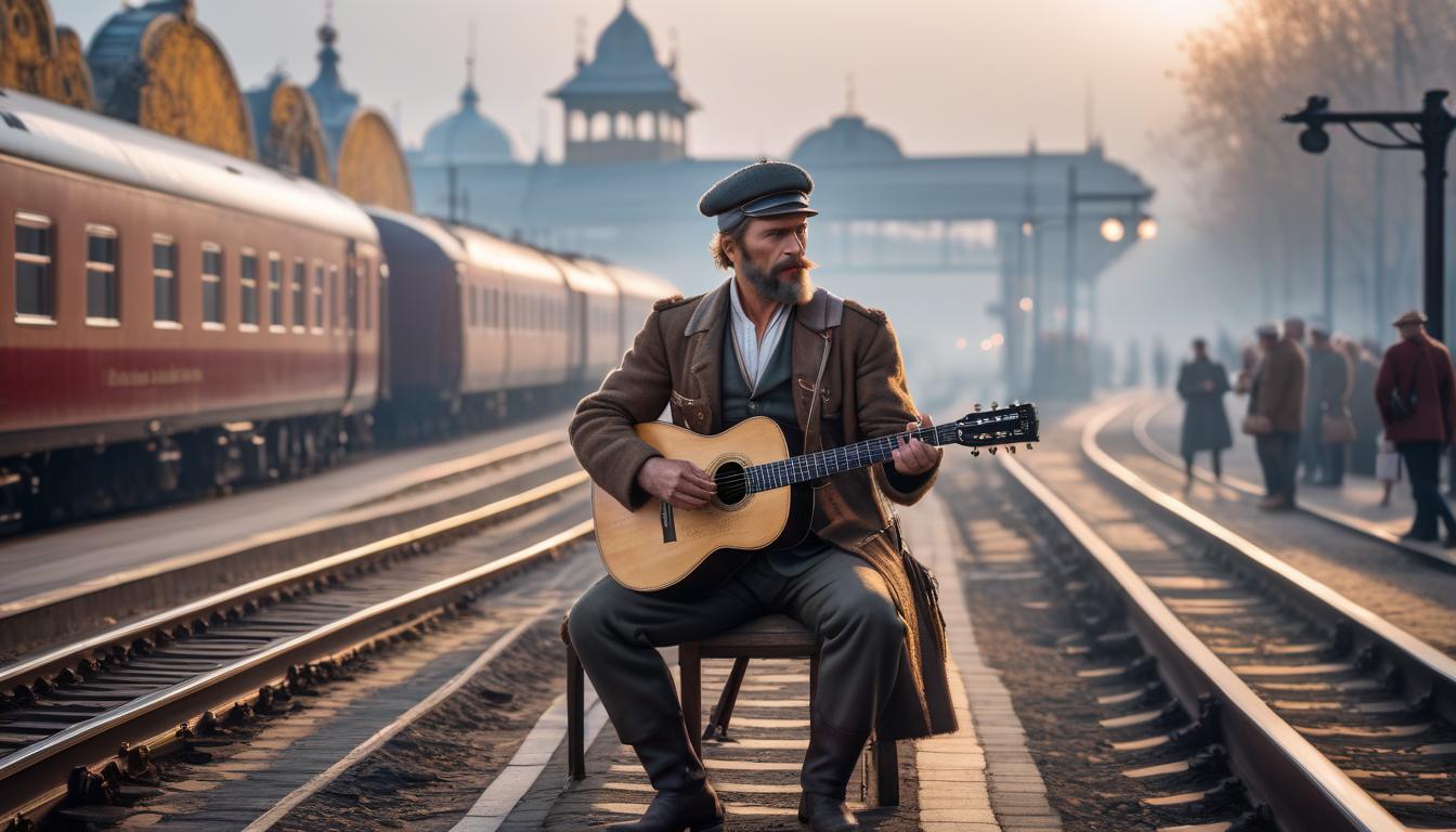  A Russian peasant stands at the railway station and plays the guitar. hyperrealistic, full body, detailed clothing, highly detailed, cinematic lighting, stunningly beautiful, intricate, sharp focus, f/1. 8, 85mm, (centered image composition), (professionally color graded), ((bright soft diffused light)), volumetric fog, trending on instagram, trending on tumblr, HDR 4K, 8K