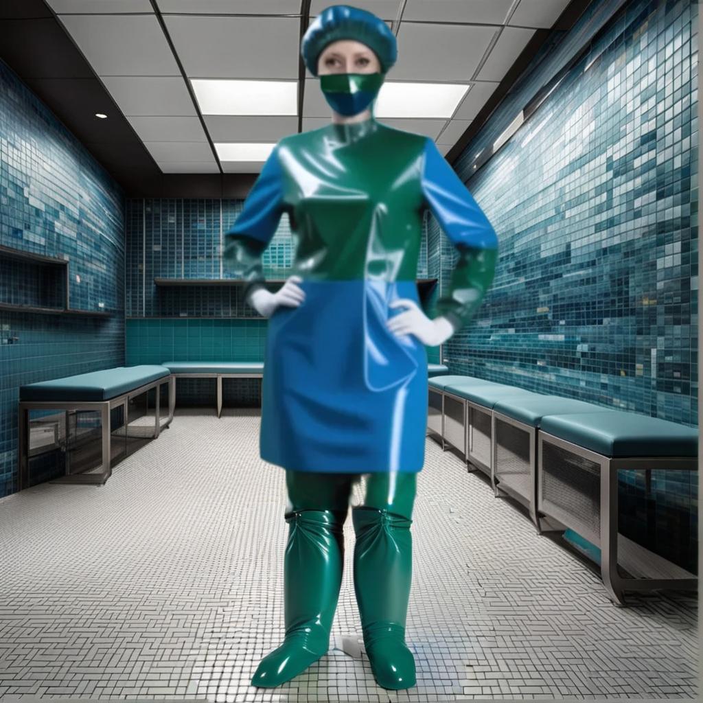  legs together, operating room shoes, identical high surgical shoe covers, knee high, with elastic cuffs up shoe covers, (the lower half from sole to ankle, from glossy latex dark green:1.3), (the upper half from ankle to knee, from glossy latex dark blue:1.5), (flat soled, without heels:1.2), front view, full face, full length hyperrealistic, full body, detailed clothing, highly detailed, cinematic lighting, stunningly beautiful, intricate, sharp focus, f/1. 8, 85mm, (centered image composition), (professionally color graded), ((bright soft diffused light)), volumetric fog, trending on instagram, trending on tumblr, HDR 4K, 8K