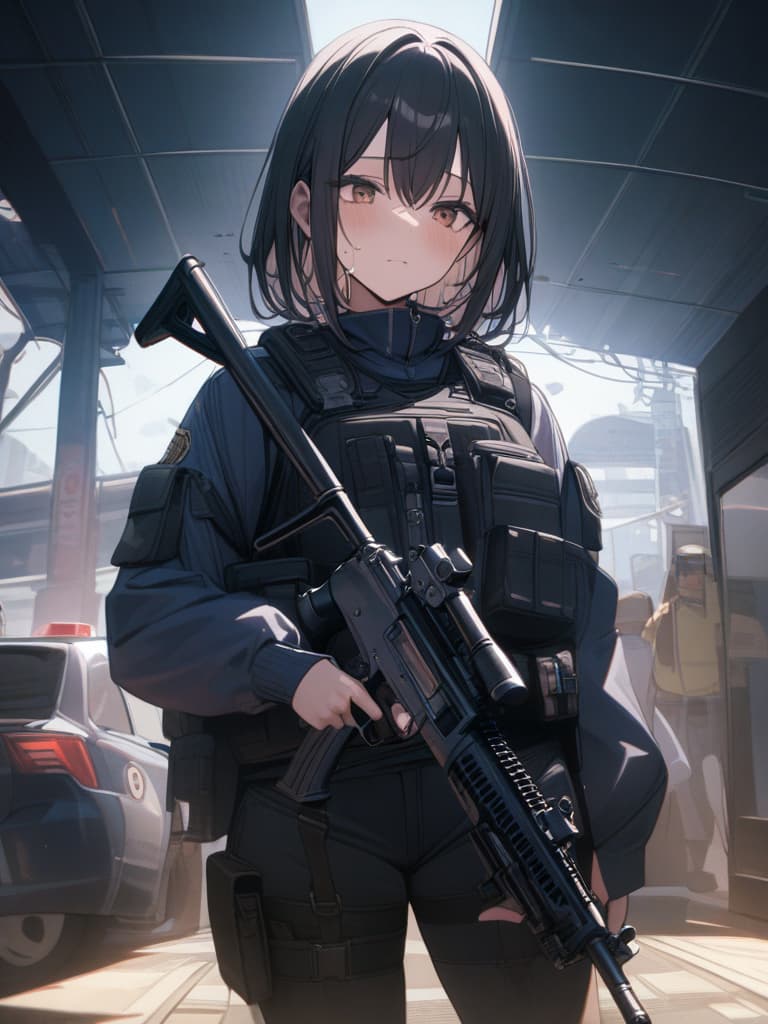  Pistols, muzzle toward opponents, cry, police officers, polys, guns, masterpiece, best quality,8k,ultra detailed,high resolution,an extremely delicate and beautiful,hyper detail