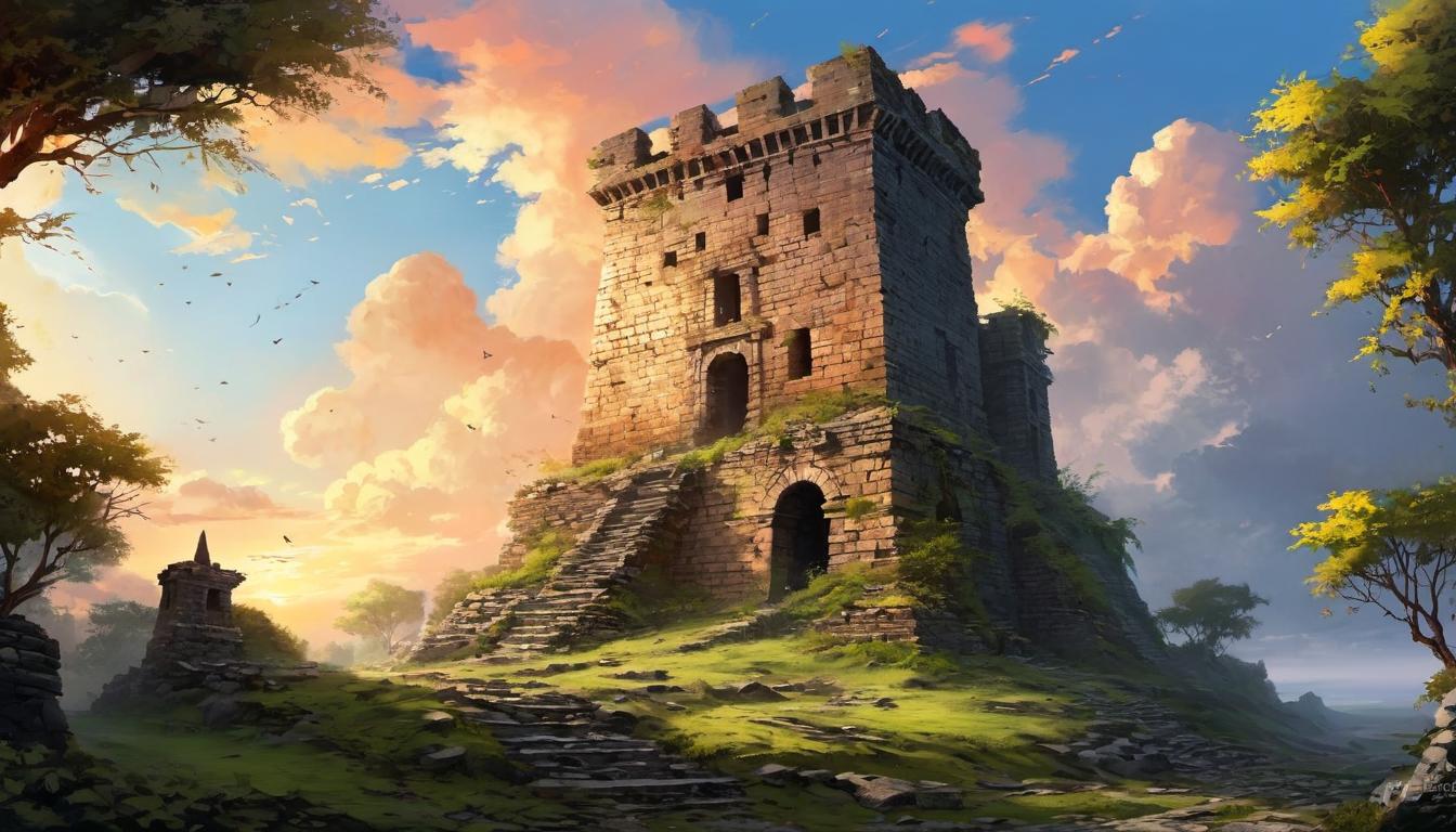  digital painting of Ruins of a grand ancient tower, spiral remnants stretching upwards, vines draping over broken masonry, sky colored with dawn's light, historical, ambitious ruin looking at viewer, dynamic pose, (intricate details, masterpiece, best quality)