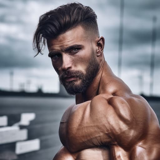 portrait+ style Russian queer fitness model brunette hunk dilf dude face