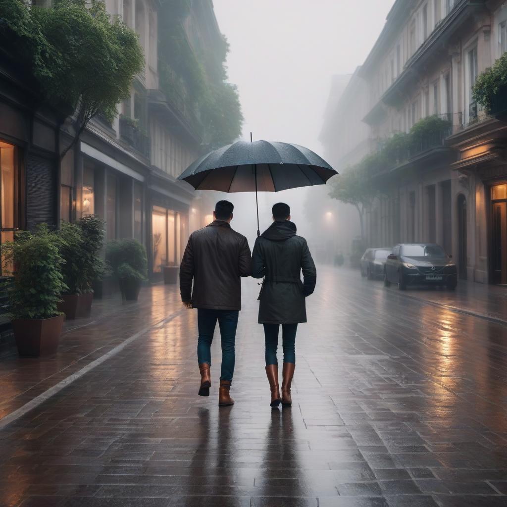  Rain, two cute little boys under the rain on the paved street, dressed in Holli Hobby style in brown boots, one holds an umbrella. In a hyper realistic, detailed style. hyperrealistic, full body, detailed clothing, highly detailed, cinematic lighting, stunningly beautiful, intricate, sharp focus, f/1. 8, 85mm, (centered image composition), (professionally color graded), ((bright soft diffused light)), volumetric fog, trending on instagram, trending on tumblr, HDR 4K, 8K