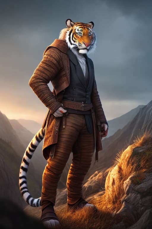  Weak looking tiger hyperrealistic, full body, detailed clothing, highly detailed, cinematic lighting, stunningly beautiful, intricate, sharp focus, f/1. 8, 85mm, (centered image composition), (professionally color graded), ((bright soft diffused light)), volumetric fog, trending on instagram, trending on tumblr, HDR 4K, 8K
