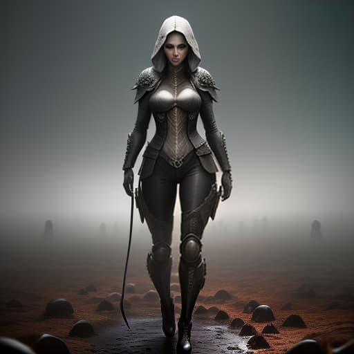  Woman in mud, surrounded by skulls. hyperrealistic, full body, detailed clothing, highly detailed, cinematic lighting, stunningly beautiful, intricate, sharp focus, f/1. 8, 85mm, (centered image composition), (professionally color graded), ((bright soft diffused light)), volumetric fog, trending on instagram, trending on tumblr, HDR 4K, 8K