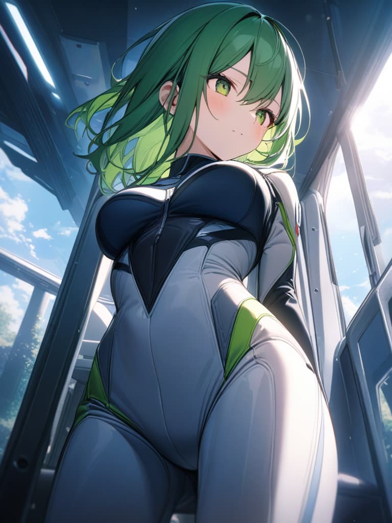  Green hair girl rider suit, masterpiece, best quality,8k,ultra detailed,high resolution,an extremely delicate and beautiful,hyper detail