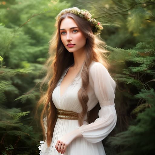  A beautiful girl with long chestnut hair, green eyes, is drawn down to her waist. She is wearing a white dress. hyperrealistic, full body, detailed clothing, highly detailed, cinematic lighting, stunningly beautiful, intricate, sharp focus, f/1. 8, 85mm, (centered image composition), (professionally color graded), ((bright soft diffused light)), volumetric fog, trending on instagram, trending on tumblr, HDR 4K, 8K