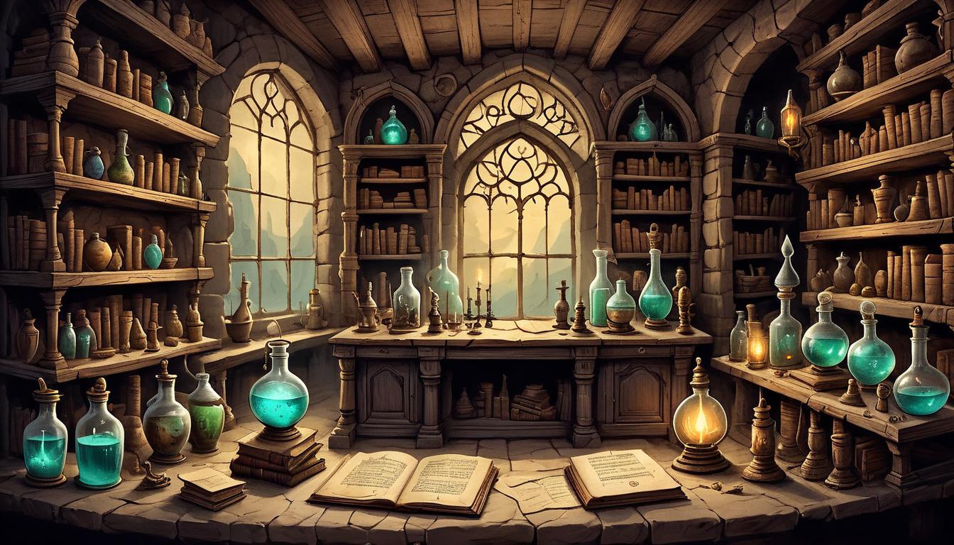  on parchment, surrealism+++, Ancient alchemist's laboratory, filled with glowing elixirs and mystical artifacts, shelves lined with old, dusty books, hauntingly intriguing, aura of wisdom(mysterious, provocative, symbolic,muted color)+++