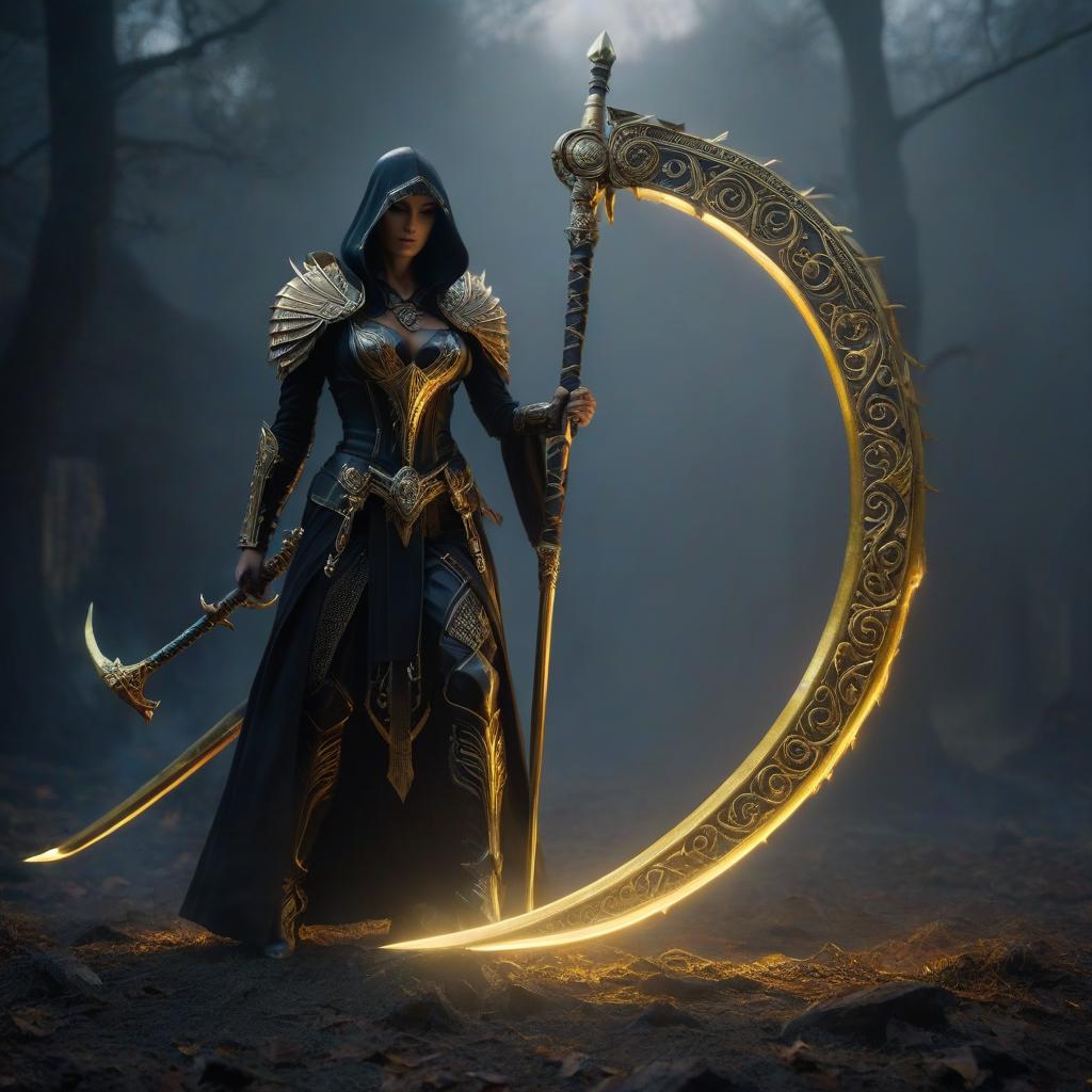  a golden scythe covered with glowing runes hyperrealistic, full body, detailed clothing, highly detailed, cinematic lighting, stunningly beautiful, intricate, sharp focus, f/1. 8, 85mm, (centered image composition), (professionally color graded), ((bright soft diffused light)), volumetric fog, trending on instagram, trending on tumblr, HDR 4K, 8K