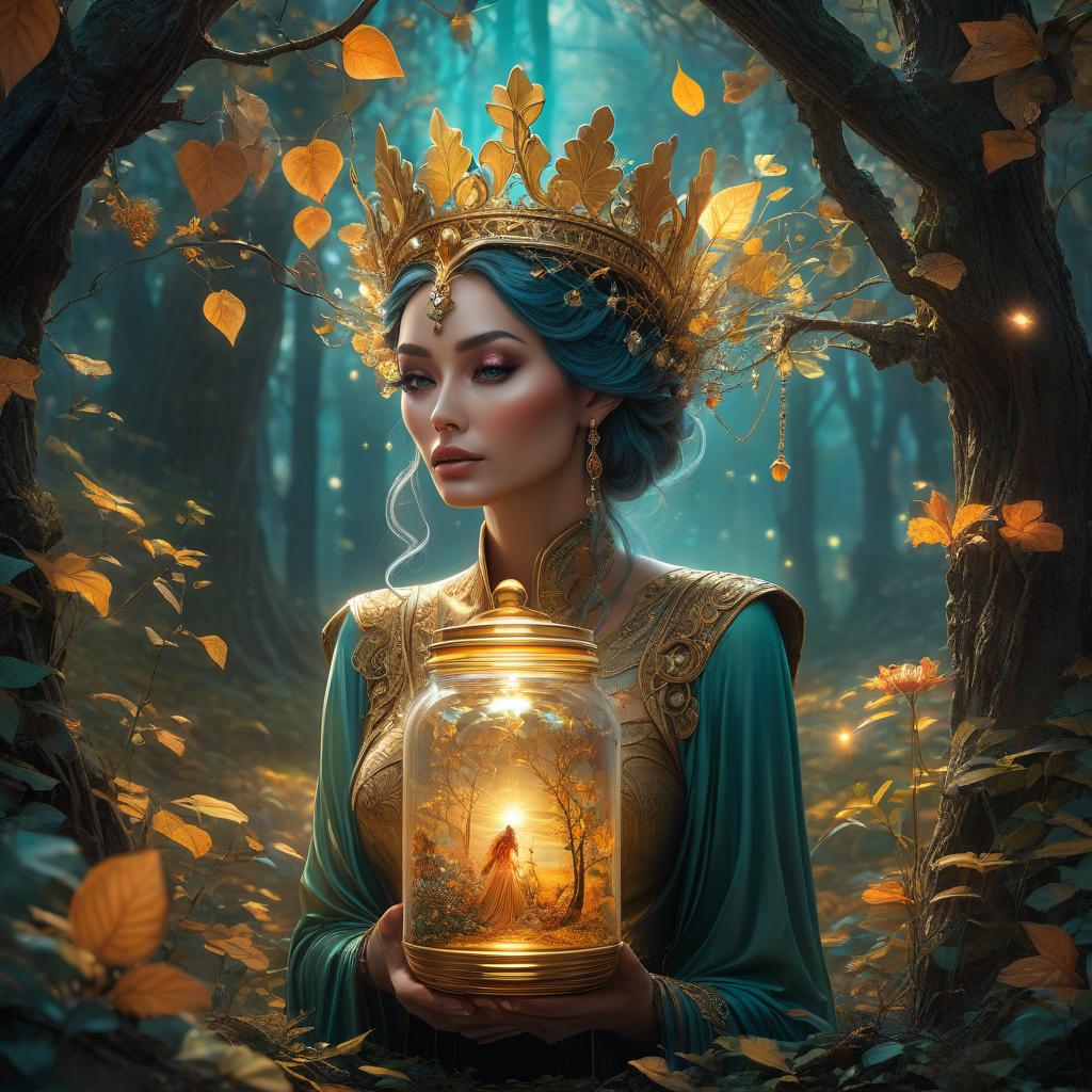  (digital art, masterpiece, difficulty: 1.3), under a tree, locked in a jar, a beautiful fairy queen wearing a small golden crown on her head, inspired by the style of Cyril Rolando (influenced by Beeple and Jeremiah Ketner: 1,2), (inspired by Josan Gonzalez and Dan Mumford): 1.1, surreal and whimsical concept, detailed and thoughtful design of the can, bright and dreamlike colors, fantastic setting, high definition rendering, captivating combination of styles, intricate patterns and textures, unearthly glow, magical atmosphere, fairy tale, fantasy hyperrealistic, full body, detailed clothing, highly detailed, cinematic lighting, stunningly beautiful, intricate, sharp focus, f/1. 8, 85mm, (centered image composition), (professionally color graded), ((bright soft diffused light)), volumetric fog, trending on instagram, trending on tumblr, HDR 4K, 8K