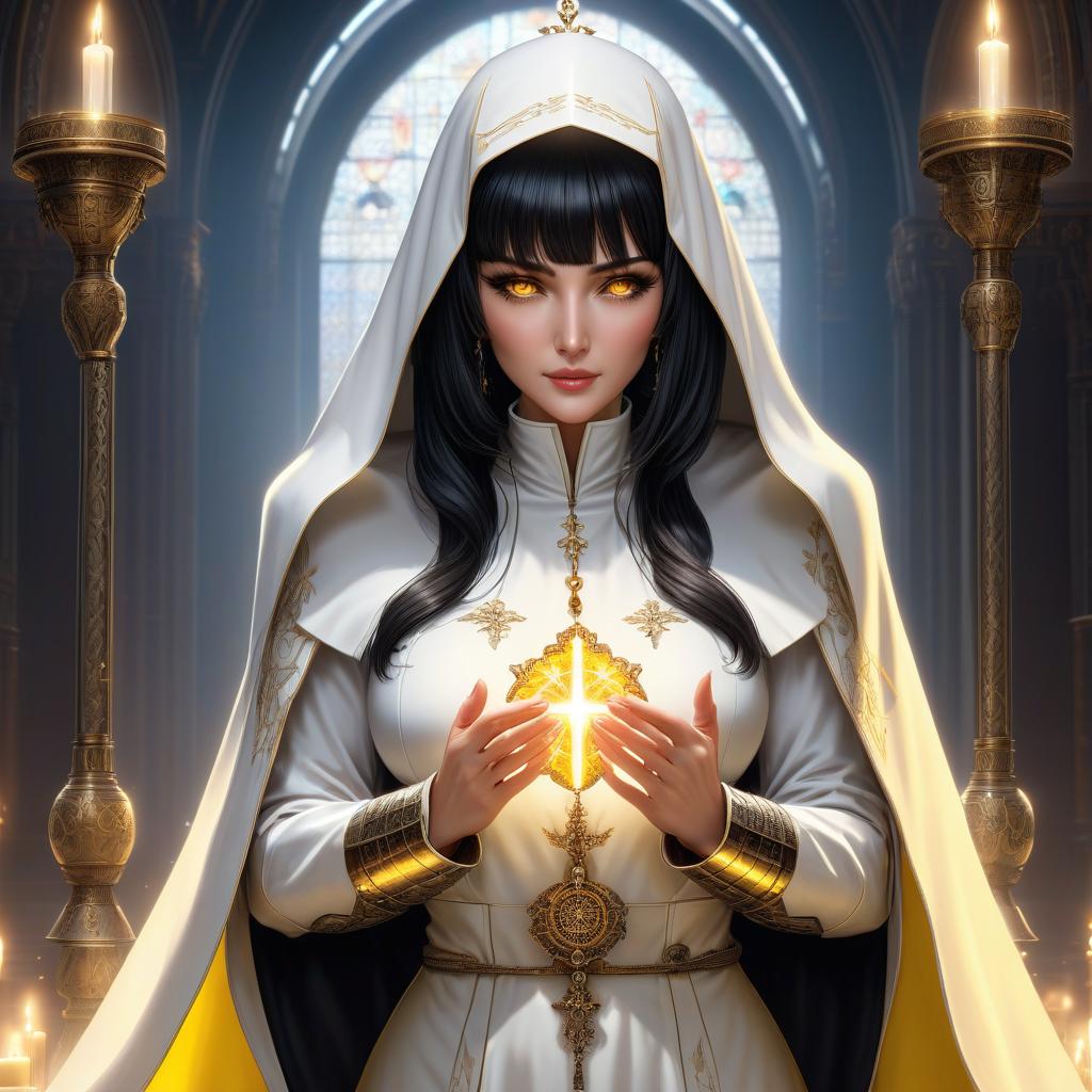  Mature female, big brests, nun, (full body), black hair, bob cut, bright yellow eyes, glowing eyes, hourglass figure, (scale armor), white clothing, nun habit, white cloak, looks at viewer, looks down, evil grin, , ((prayer)), hands folded in a prayer gesture, (extremely hyper detailed face), (masterpiece:1.4), (perfect eyes:1.1), (perfect hands), 2d, anime, extremely detailed clothes. hyperrealistic, full body, detailed clothing, highly detailed, cinematic lighting, stunningly beautiful, intricate, sharp focus, f/1. 8, 85mm, (centered image composition), (professionally color graded), ((bright soft diffused light)), volumetric fog, trending on instagram, trending on tumblr, HDR 4K, 8K