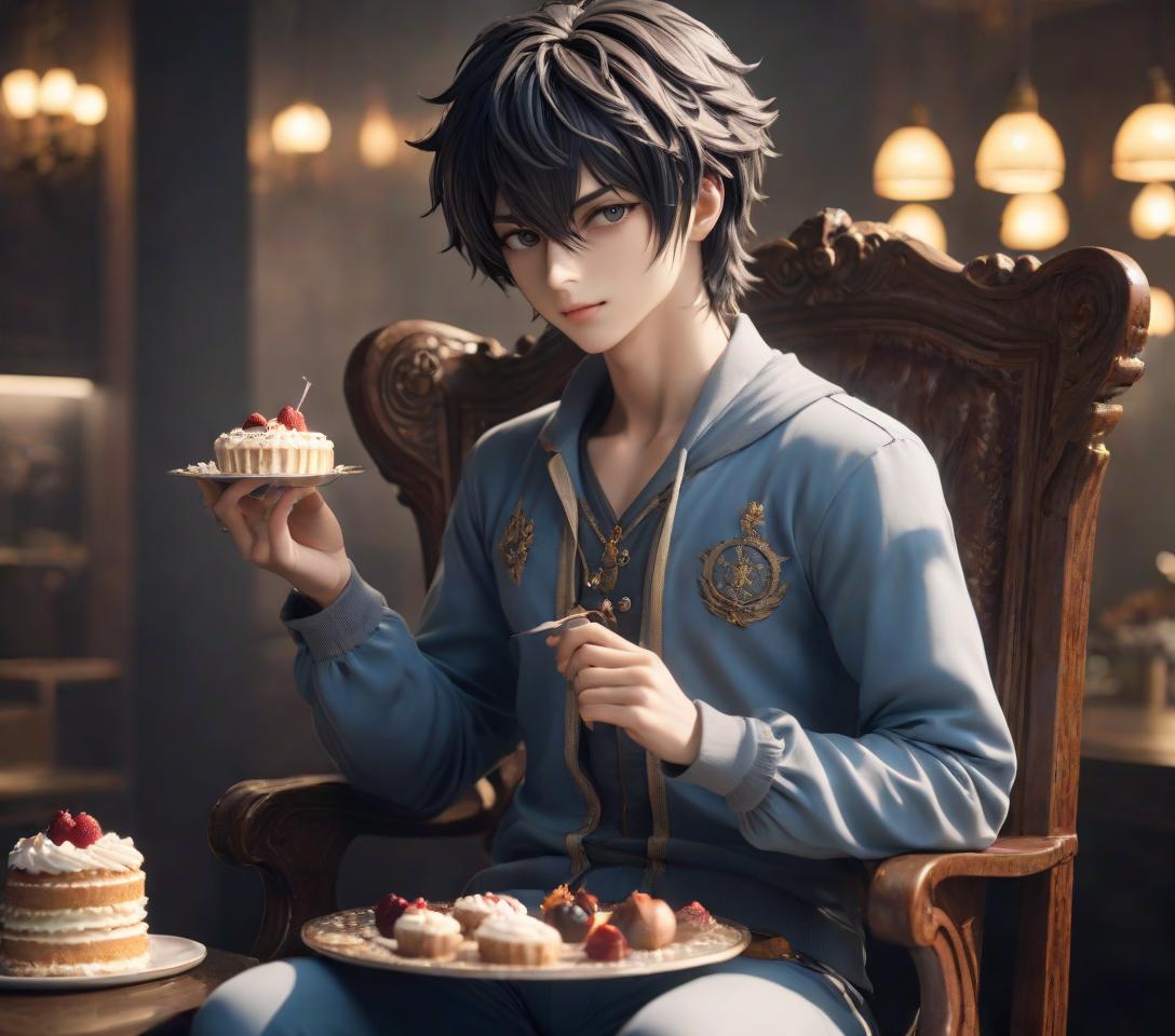  Generate a character L Lawliet who is sitting on a chair and eating a sweet piece of cake. hyperrealistic, full body, detailed clothing, highly detailed, cinematic lighting, stunningly beautiful, intricate, sharp focus, f/1. 8, 85mm, (centered image composition), (professionally color graded), ((bright soft diffused light)), volumetric fog, trending on instagram, trending on tumblr, HDR 4K, 8K