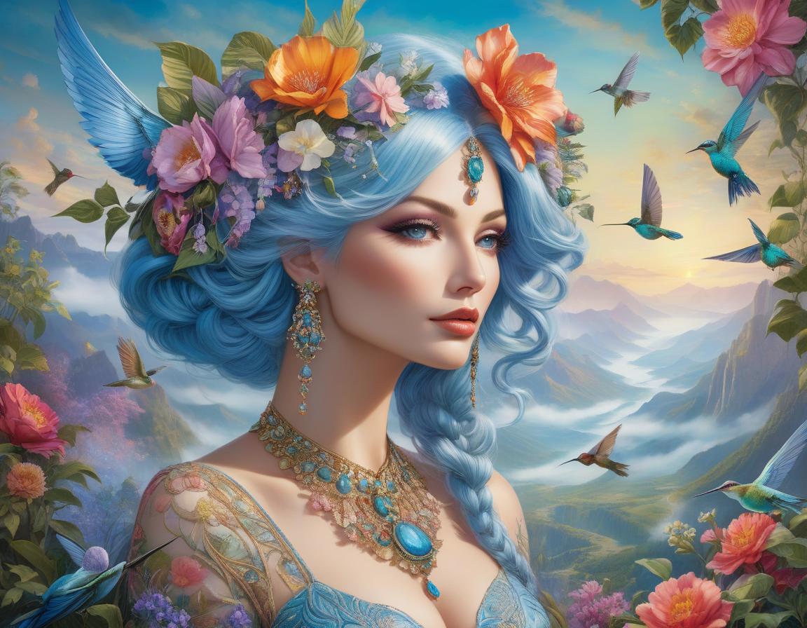  A vibrant artwork of a woman with blue hair adorned with colorful flowers, jewelry, and hummingbirds against a scenic nature background. START FROM BASE IMAGE +STYLE BY Graciela Rodo Boulanger +WHIMSICAL +WONDERFUL+DELICIOUS+COLORFUL+ JOSEN +WHIMSICAL STYLE+COLORFUL+Heather Galler+MIX AND COMBINATION OF STYLES WITH GRACE AND COLOR LIKE A MASTERPIECE+SPLENDOROUS AND UNIQUE+JOSEPHINE WALL STYLE hyperrealistic, full body, detailed clothing, highly detailed, cinematic lighting, stunningly beautiful, intricate, sharp focus, f/1. 8, 85mm, (centered image composition), (professionally color graded), ((bright soft diffused light)), volumetric fog, trending on instagram, trending on tumblr, HDR 4K, 8K