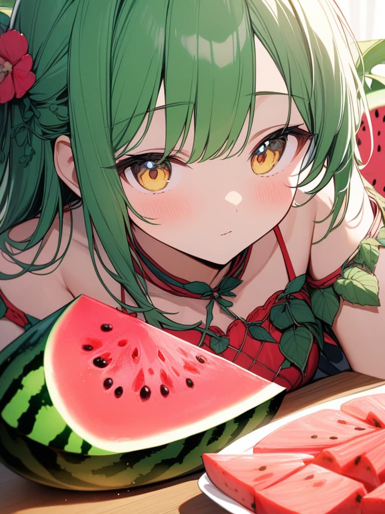  Cute, girl, thin body, green hair, yellow eyes, watermelon, watermelon, red and green dresses, watermelon decorations, medium hair, vine, masterpiece, best quality,8k,ultra detailed,high resolution,an extremely delicate and beautiful,hyper detail