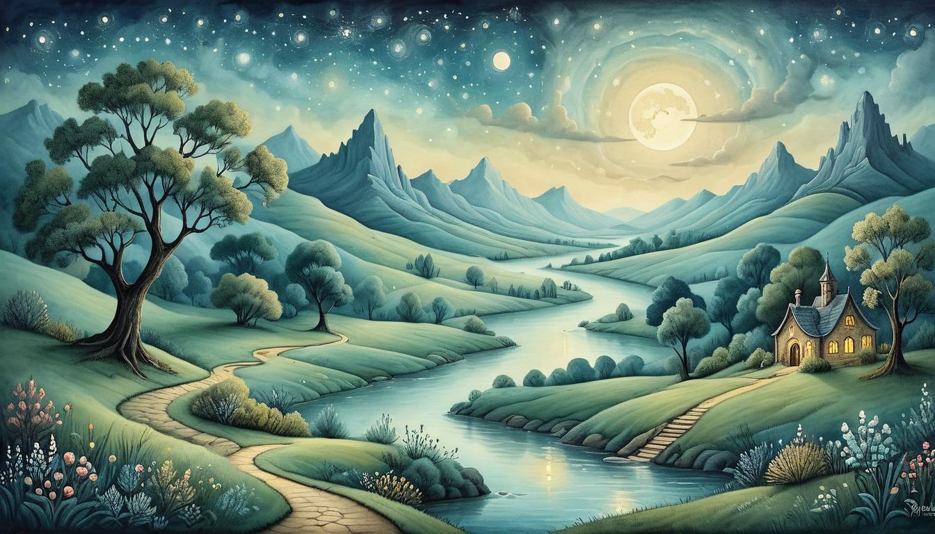  on parchment, surrealism+++, Open landscape under starlit sky, gentle hills, serene river meandering through, peaceful night, delicate stardust, tranquil, hopeful(mysterious, provocative, symbolic,muted color)+++