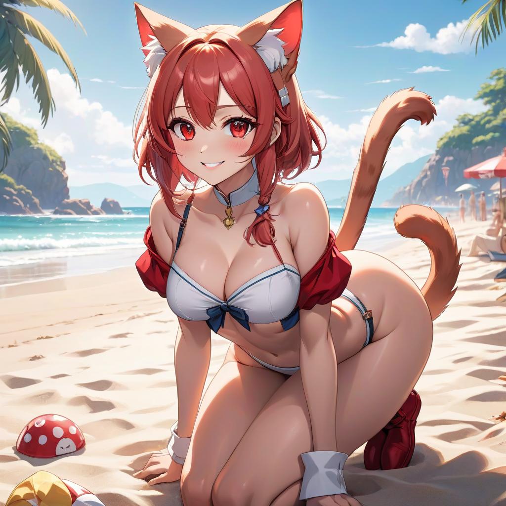  anime artwork A nine yea with a beautiful face, glistening red eyes, an ideal body shape, large s, cat like ears, smiling, press, toned legs and arms, wide shoulders, 8k, a red , on the beach, summer. . anime style, key visual, vint, studio anime, highly detailed hyperrealistic, full body, detailed clothing, highly detailed, cinematic lighting, stunningly beautiful, intricate, sharp focus, f/1. 8, 85mm, (centered image composition), (professionally color graded), ((bright soft diffused light)), volumetric fog, trending on instagram, trending on tumblr, HDR 4K, 8K