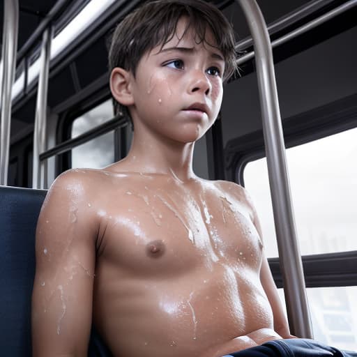  a very sweaty very young boy, caught on a public bus, is discovered by the viewer. The young 's face is rendered in exquisite detail, a look of and arousal as he realizes he's been caught the boy on the bus seat lets out a stream of warm, viscous liquid shooting out from his huge engorged erect tip coating his and splattering onto the floor of the bus, the pinnacle of his is his sweaty features, high-angle shot, dramatic angle, extreme angle shot, photo-realistic, volumetric fog, 85mm lens, HDR, cinematic