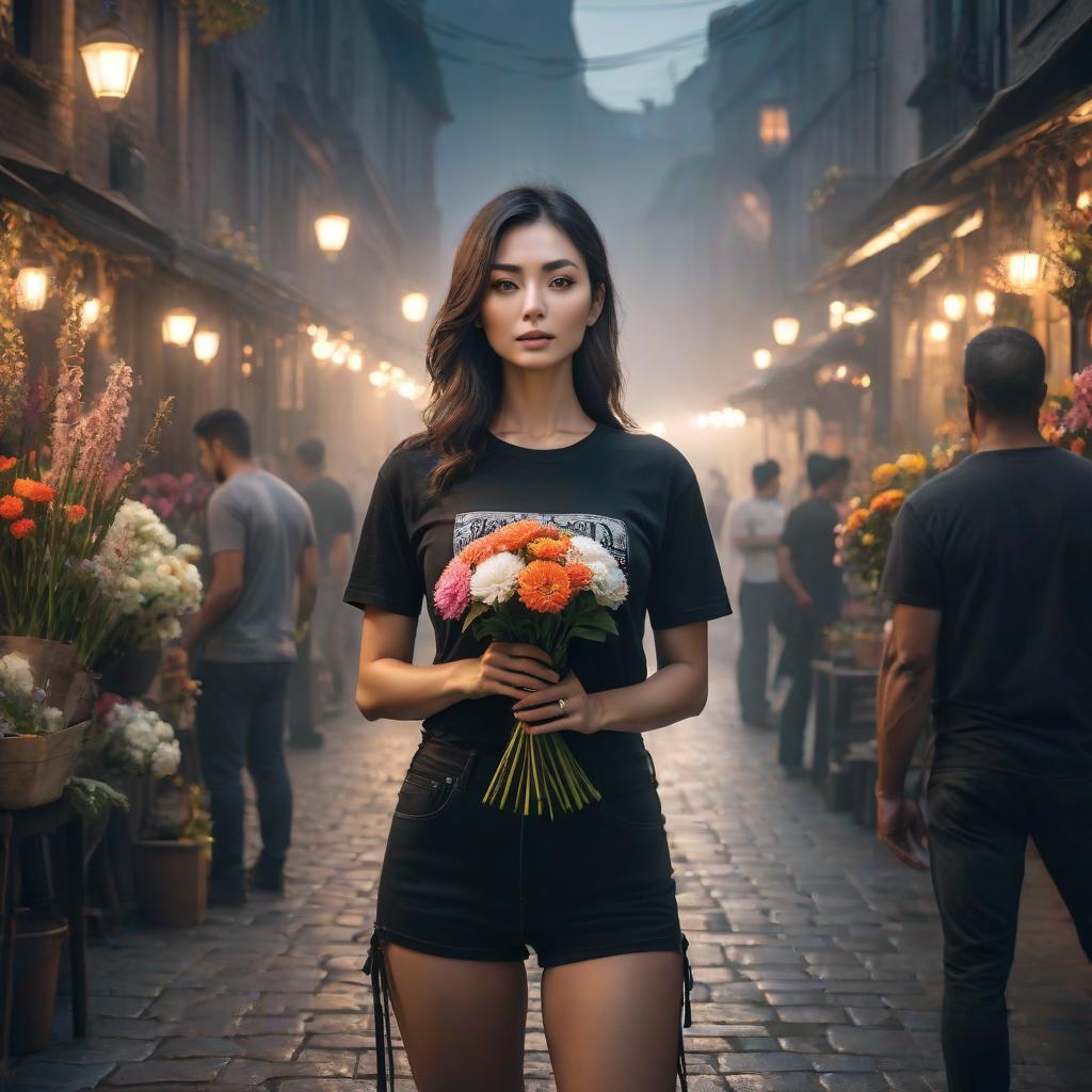  a woman, with flowers in her hands, stands tall, in the background, in a black T shirt hyperrealistic, full body, detailed clothing, highly detailed, cinematic lighting, stunningly beautiful, intricate, sharp focus, f/1. 8, 85mm, (centered image composition), (professionally color graded), ((bright soft diffused light)), volumetric fog, trending on instagram, trending on tumblr, HDR 4K, 8K