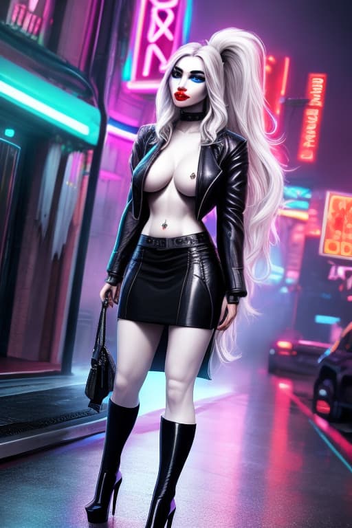  ultra realistic picture ((beautiful pale cyberpunk female with heavy black eyeliner)), blue eyes, carmin red lips, very long hair, wavy hair, White hair, medium breasts, topless, tits piercing, deep cleavage, belly button, navel piercing, ring, leather jacket, White skirt, mini skirt, High heels, hyper détails, sidelighting, magic neon, dark red city, hyperrealistic, full body, detailed clothing, highly detailed, cinematic lighting, stunningly beautiful, intricate, sharp focus, f/1. 8, 85mm, (centered image composition), (professionally color graded), ((bright soft diffused light)), volumetric fog, trending on instagram, trending on tumblr, HDR 4K, 8K