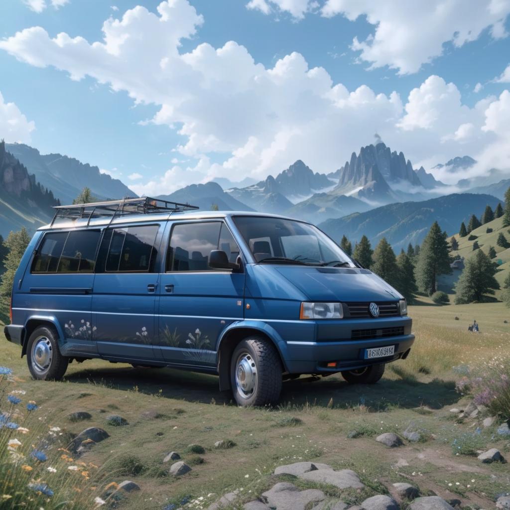  blue volkswaven transporter t4 with mountain pictures on its body standing on the valley and mountains background, T SHIRT DESIGN hyperrealistic, full body, detailed clothing, highly detailed, cinematic lighting, stunningly beautiful, intricate, sharp focus, f/1. 8, 85mm, (centered image composition), (professionally color graded), ((bright soft diffused light)), volumetric fog, trending on instagram, trending on tumblr, HDR 4K, 8K