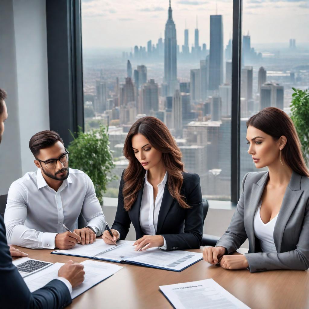  A husband and wife sitting together with a loan company representative. The husband and wife are seated at a desk, alongside a professional in business attire who is presenting the loan documents. The couple looks focused as they review and sign the papers. They are in a modern office setting with typical office items such as a computer, pen holder, and additional paperwork on the desk. The background includes a window with a cityscape view. hyperrealistic, full body, detailed clothing, highly detailed, cinematic lighting, stunningly beautiful, intricate, sharp focus, f/1. 8, 85mm, (centered image composition), (professionally color graded), ((bright soft diffused light)), volumetric fog, trending on instagram, trending on tumblr, HDR 4K, 8K