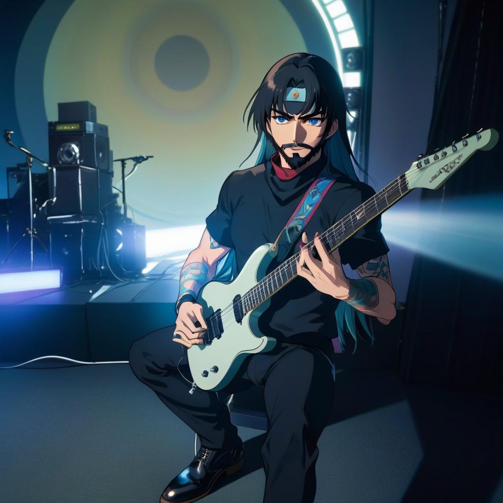  anime artwork Character, front, side views,full length with legs and all parts, concept art, a man with a beard playing a guitar, tesseract, clayton crain, holding electric guitar, tattoed left hand, scenic full shot, a picture, by Kamisaka Sekka, pixiv contest winner, shin hanga, gorillaz album cover, detail shot, magazine scan, urusei yatsura, 2d, anime, extremely hyper detailed clothing, modest clothes, (extremely hyper detailed face), (masterpiece:1.4), (perfect eyes:1.1), (deep eyes) . anime style, key visual, vibrant, studio anime, highly detailed hyperrealistic, full body, detailed clothing, highly detailed, cinematic lighting, stunningly beautiful, intricate, sharp focus, f/1. 8, 85mm, (centered image composition), (professionally color graded), ((bright soft diffused light)), volumetric fog, trending on instagram, trending on tumblr, HDR 4K, 8K