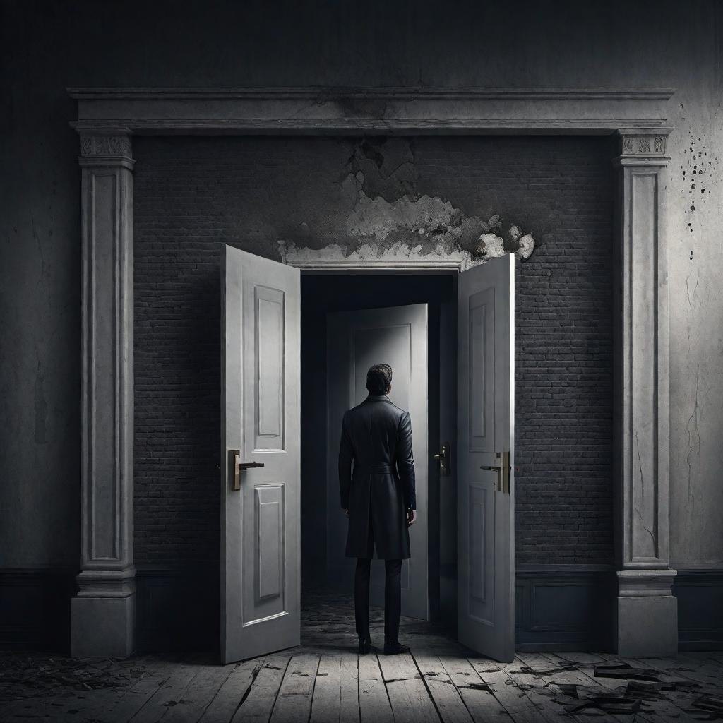  An illustration depicting the contrast between two doors representing choices of fear and success, with a modern-day vision and more detailed, real emotions and words attached to the image: 1. **Fear Door** - Scene: A door labeled 'Fear' at the top. A person stands in front, appearing visibly anxious with a worried look on their face, sweating and biting their nails. - Mood: Fear, anxiety, hesitation. - Thought Bubbles: 'What if I fail?', 'I'm not ready.', 'It's too risky.' - Visual Elements: The door is dark and ominous, with shadowy figures behind it, cobwebs, and a faintly visible cracked door frame symbolizing neglect and apprehension. - Words displayed at the door: 'Fear' 2. **Success Door** - Scene: A door labeled 'Success' at the t hyperrealistic, full body, detailed clothing, highly detailed, cinematic lighting, stunningly beautiful, intricate, sharp focus, f/1. 8, 85mm, (centered image composition), (professionally color graded), ((bright soft diffused light)), volumetric fog, trending on instagram, trending on tumblr, HDR 4K, 8K