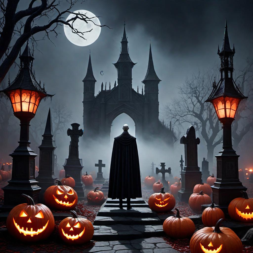  An eerie and dark scene inspired by 'The Nightmare Before Christmas' but with an evil nightmare twist. The setting is a twisted, haunted village under a blood-red moon. Jack Skellington, now more sinister with glowing red eyes and sharper features, stands ominously in the center, surrounded by ghostly, shadowy figures and eerie, twisted trees. The buildings are more Gothic, with sharp spires and dark, distorted architecture. The atmosphere is filled with a haunting fog, and the ground is littered with ghostly pumpkins and creepy gravestones. The color palette is dominated by dark, foreboding hues - blacks, deep reds, and ghostly greys. hyperrealistic, full body, detailed clothing, highly detailed, cinematic lighting, stunningly beautiful, intricate, sharp focus, f/1. 8, 85mm, (centered image composition), (professionally color graded), ((bright soft diffused light)), volumetric fog, trending on instagram, trending on tumblr, HDR 4K, 8K