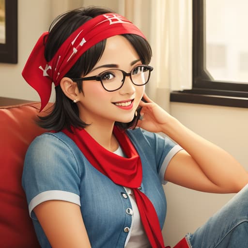  Female, short cut, wearing pirate bandana, glasses, summer, smiling, indoor, pop.