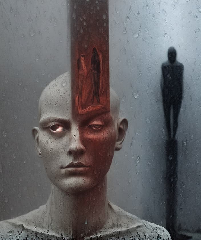 portrait+ style mannequins Beksiński pain fear guillotine chessboard death time cry rain